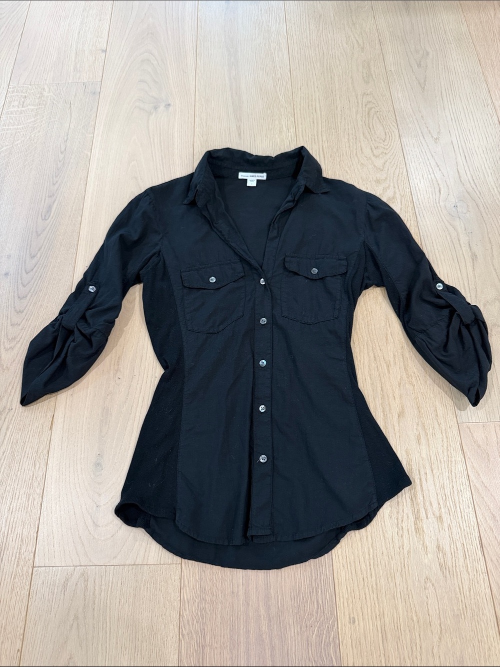 James Peres Black Button-Front Women's Shirt with Roll-Tab Sleeves Size 1